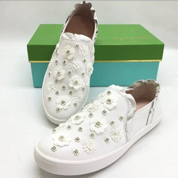 Kate Spade NEW Sneakers Embellished Leather Slip-on White Women's 9.5 NIB - Picture 1 of 17